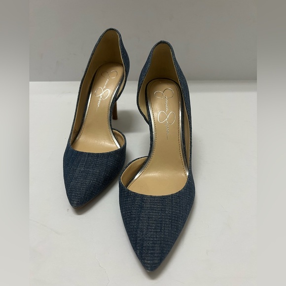 Jessica Simpson denim blue with a cork sole and  Stiletto high heels sz8.5 - Picture 2 of 11